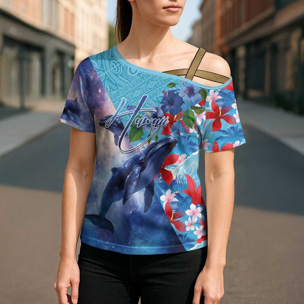 Hawaii Aloha Whales Cross Shoulder Shirt Hibiscus and Whales with Polynesian Pattern - Polynesian Pride