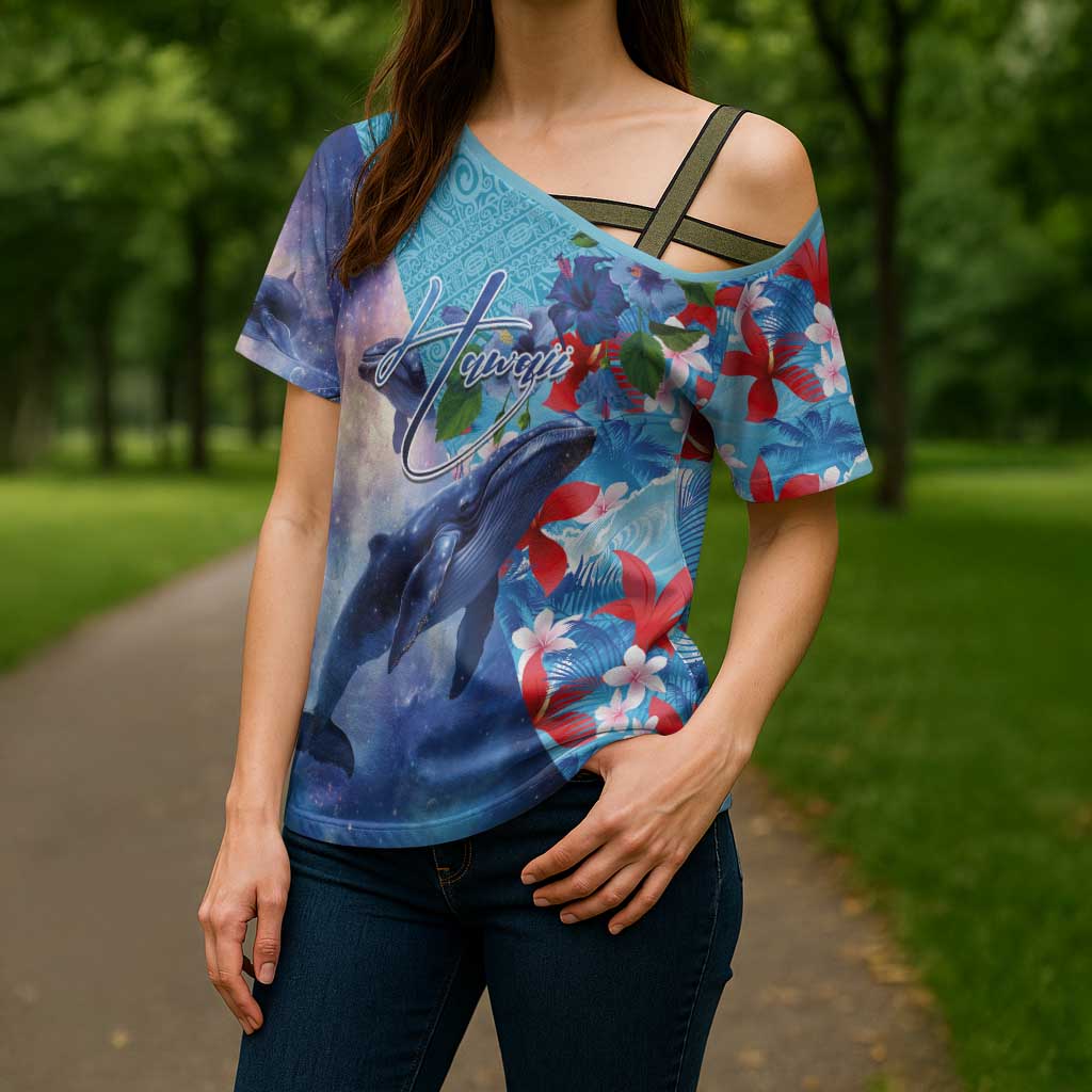Hawaii Aloha Whales Cross Shoulder Shirt Hibiscus and Whales with Polynesian Pattern - Polynesian Pride