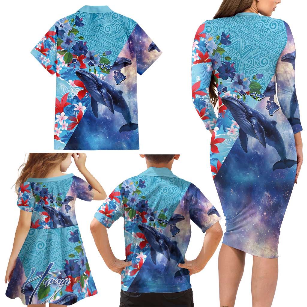 Hawaii Aloha Whales Family Matching Long Sleeve Bodycon Dress and Hawaiian Shirt Hibiscus and Whales with Polynesian Pattern - Polynesian Pride