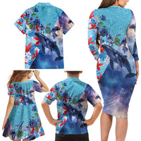 Hawaii Aloha Whales Family Matching Long Sleeve Bodycon Dress and Hawaiian Shirt Hibiscus and Whales with Polynesian Pattern - Polynesian Pride