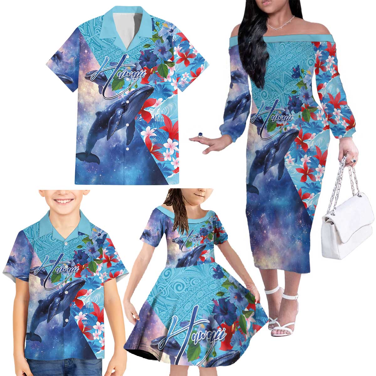 Hawaii Aloha Whales Family Matching Off The Shoulder Long Sleeve Dress and Hawaiian Shirt Hibiscus and Whales with Polynesian Pattern - Polynesian Pride