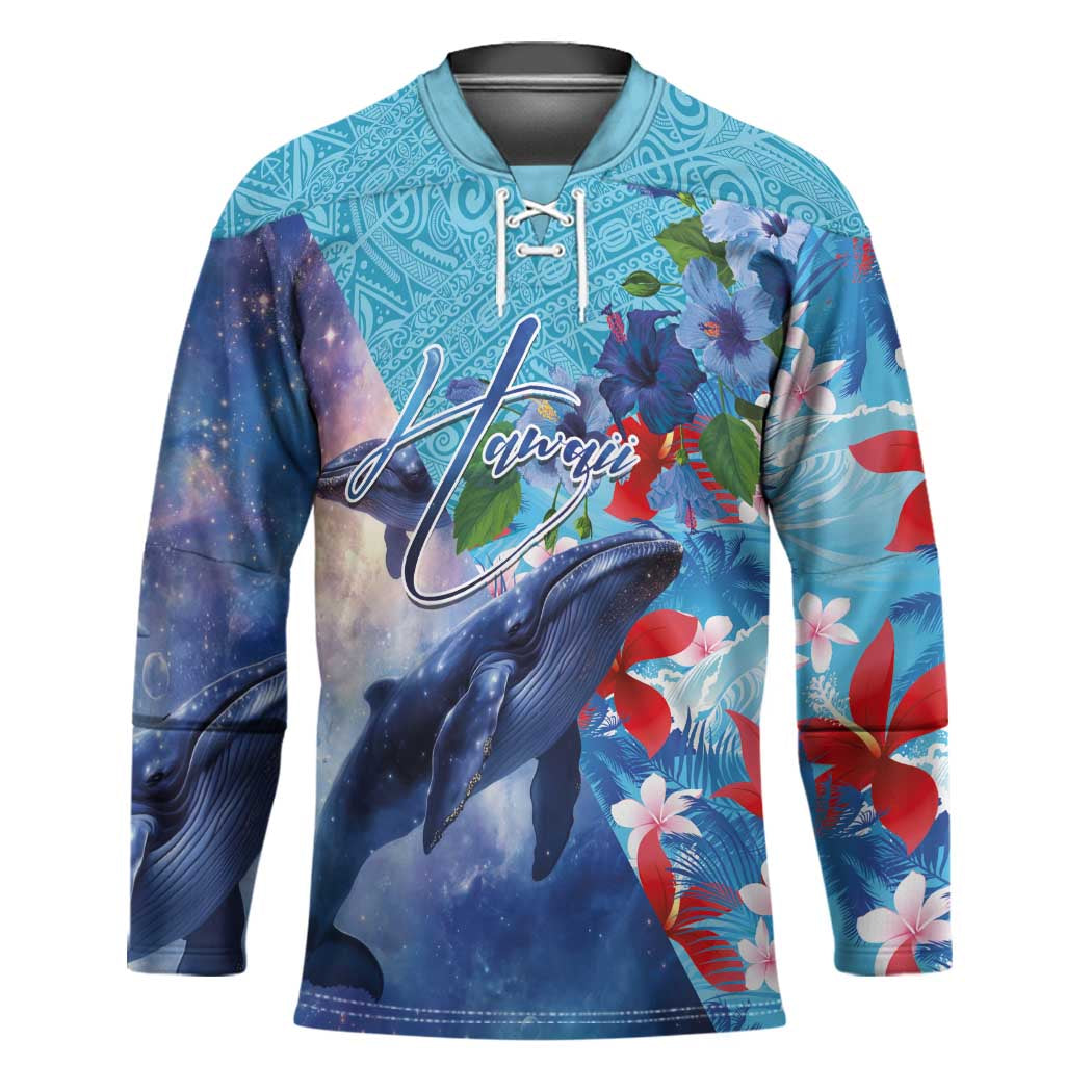 Hawaii Aloha Whales Hockey Jersey Hibiscus and Whales with Polynesian Pattern - Polynesian Pride