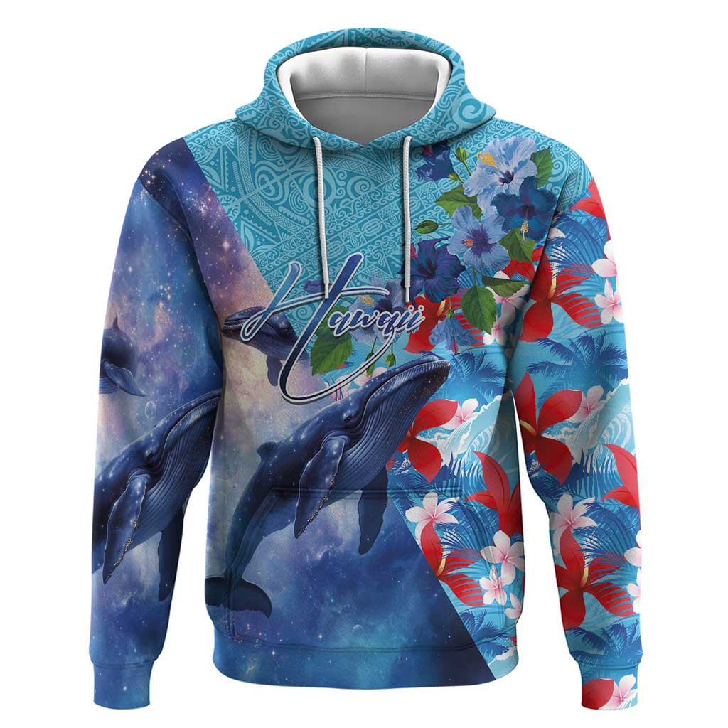 Hawaii Aloha Whales Hoodie Hibiscus and Whales with Polynesian Pattern - Polynesian Pride