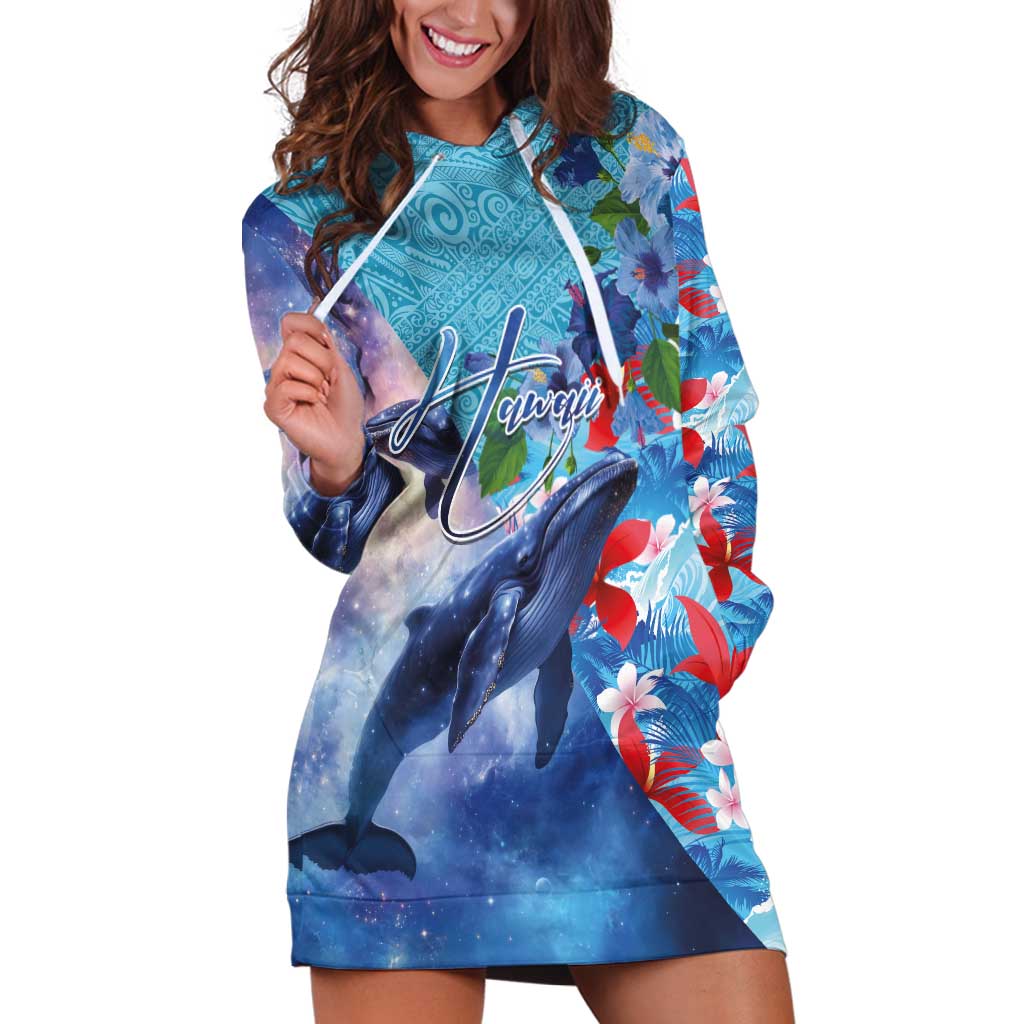 Hawaii Aloha Whales Hoodie Dress Hibiscus and Whales with Polynesian Pattern - Polynesian Pride