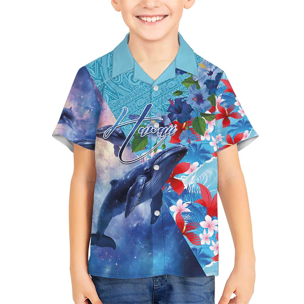 Hawaii Aloha Whales Kid Hawaiian Shirt Hibiscus and Whales with Polynesian Pattern - Polynesian Pride