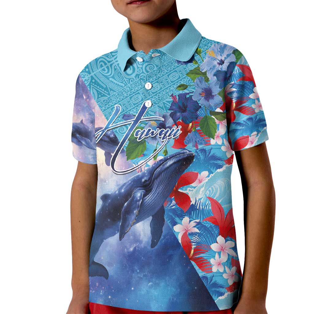 Hawaii Aloha Whales Kid Polo Shirt Hibiscus and Whales with Polynesian Pattern - Polynesian Pride