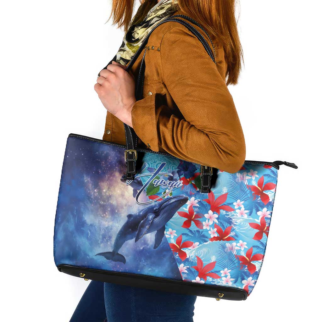 Hawaii Aloha Whales Leather Tote Bag Hibiscus and Whales with Polynesian Pattern - Polynesian Pride