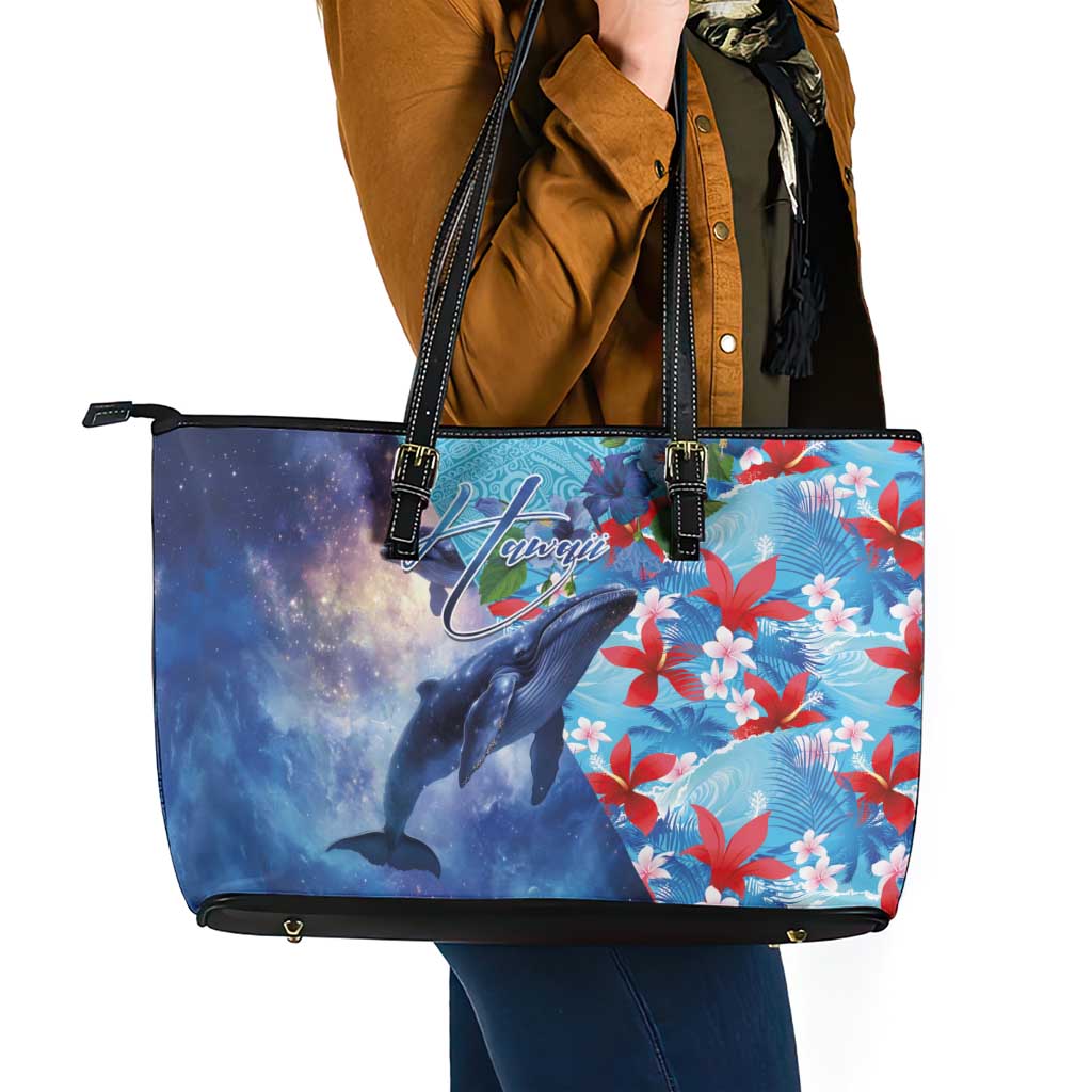 Hawaii Aloha Whales Leather Tote Bag Hibiscus and Whales with Polynesian Pattern - Polynesian Pride