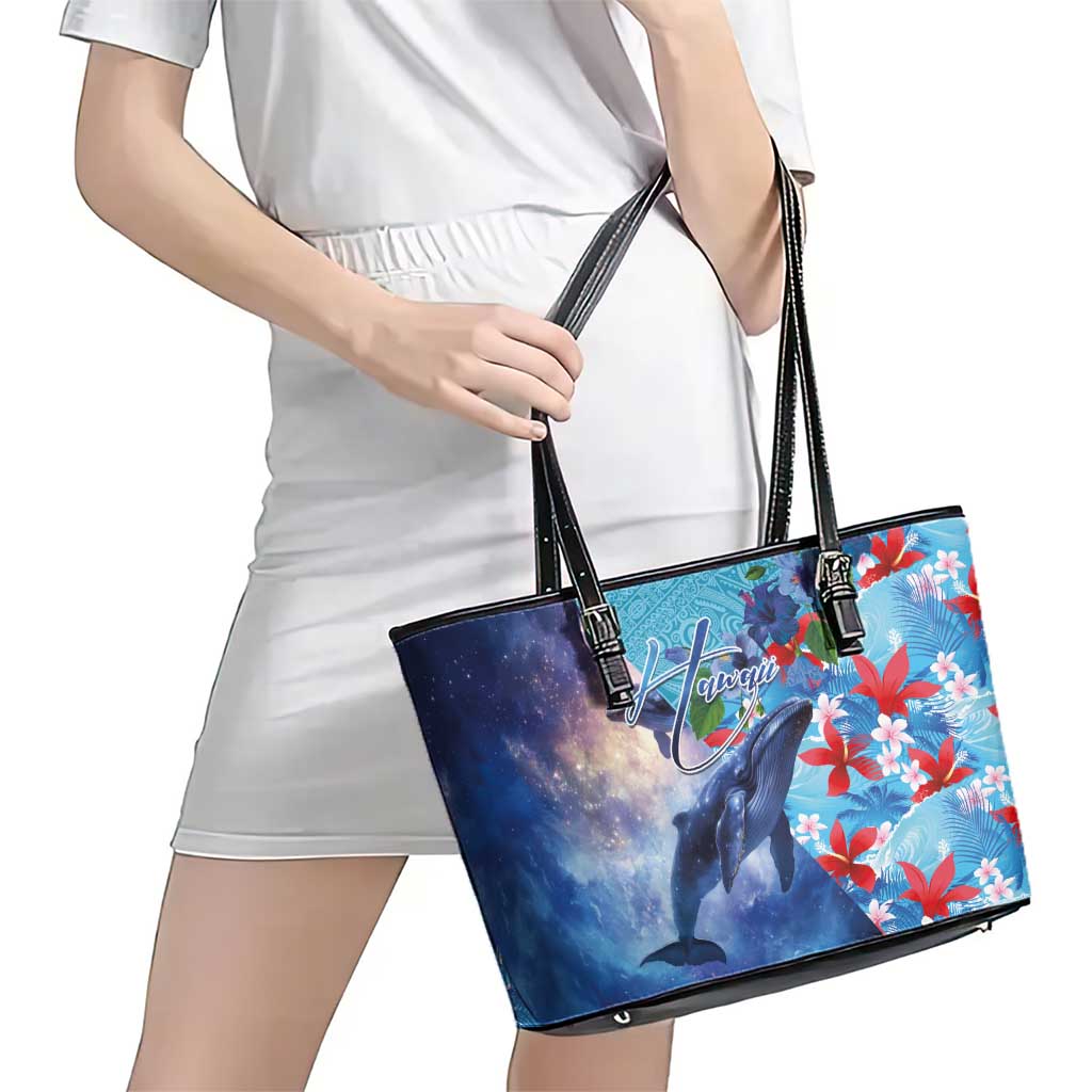 Hawaii Aloha Whales Leather Tote Bag Hibiscus and Whales with Polynesian Pattern - Polynesian Pride