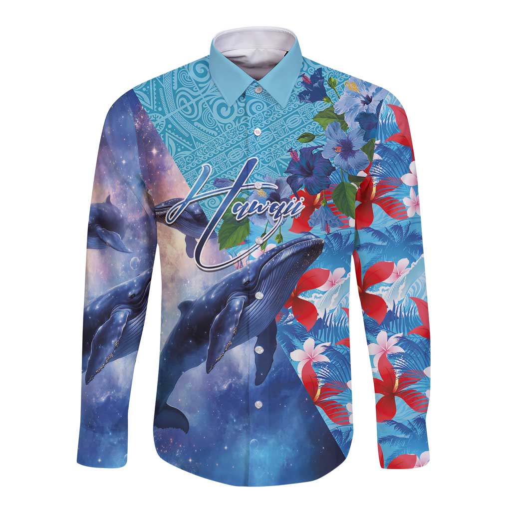 Hawaii Aloha Whales Long Sleeve Button Shirt Hibiscus and Whales with Polynesian Pattern - Polynesian Pride