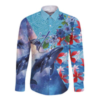 Hawaii Aloha Whales Long Sleeve Button Shirt Hibiscus and Whales with Polynesian Pattern - Polynesian Pride
