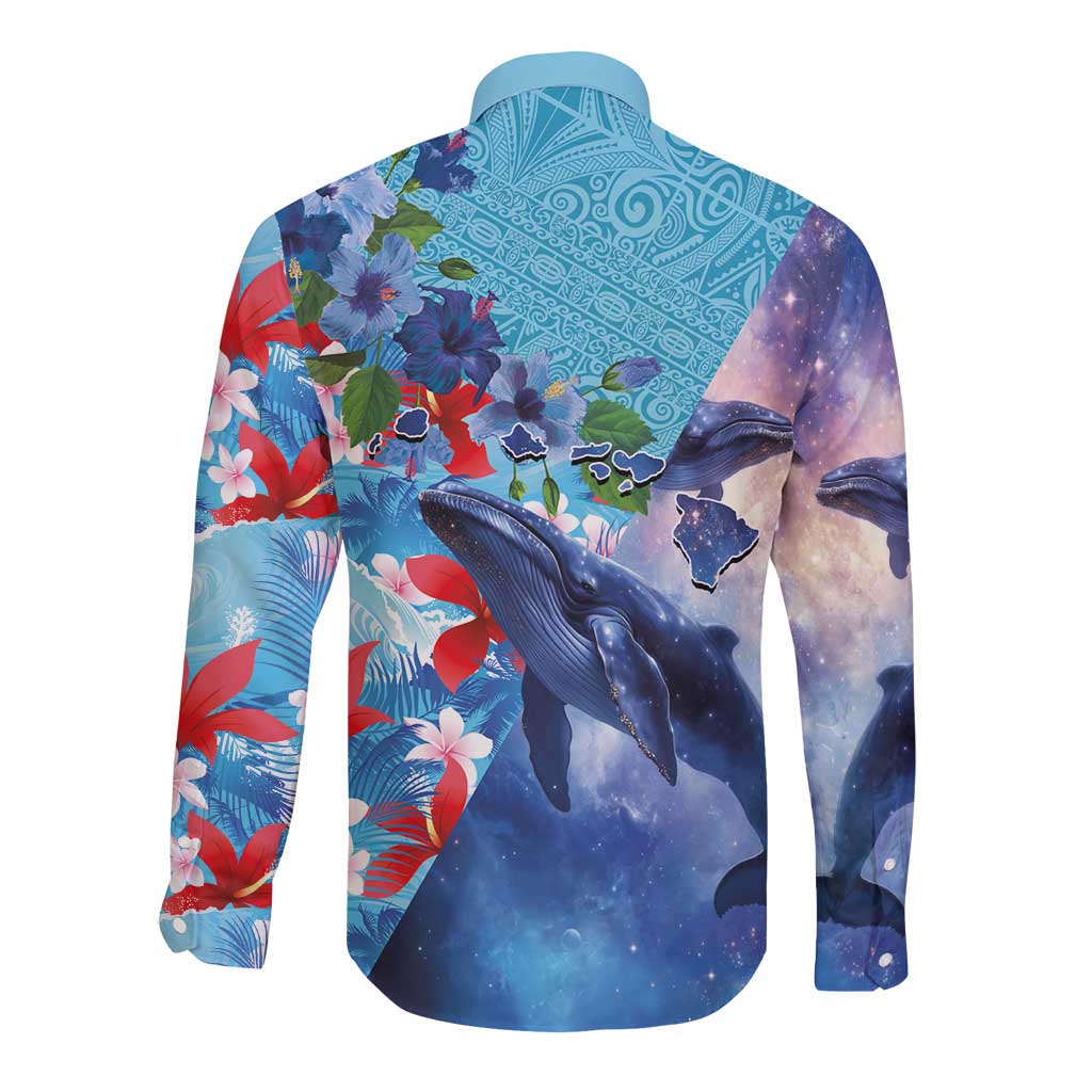 Hawaii Aloha Whales Long Sleeve Button Shirt Hibiscus and Whales with Polynesian Pattern - Polynesian Pride