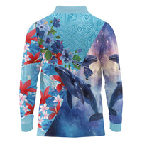 Hawaii Aloha Whales Long Sleeve Polo Shirt Hibiscus and Whales with Polynesian Pattern - Polynesian Pride