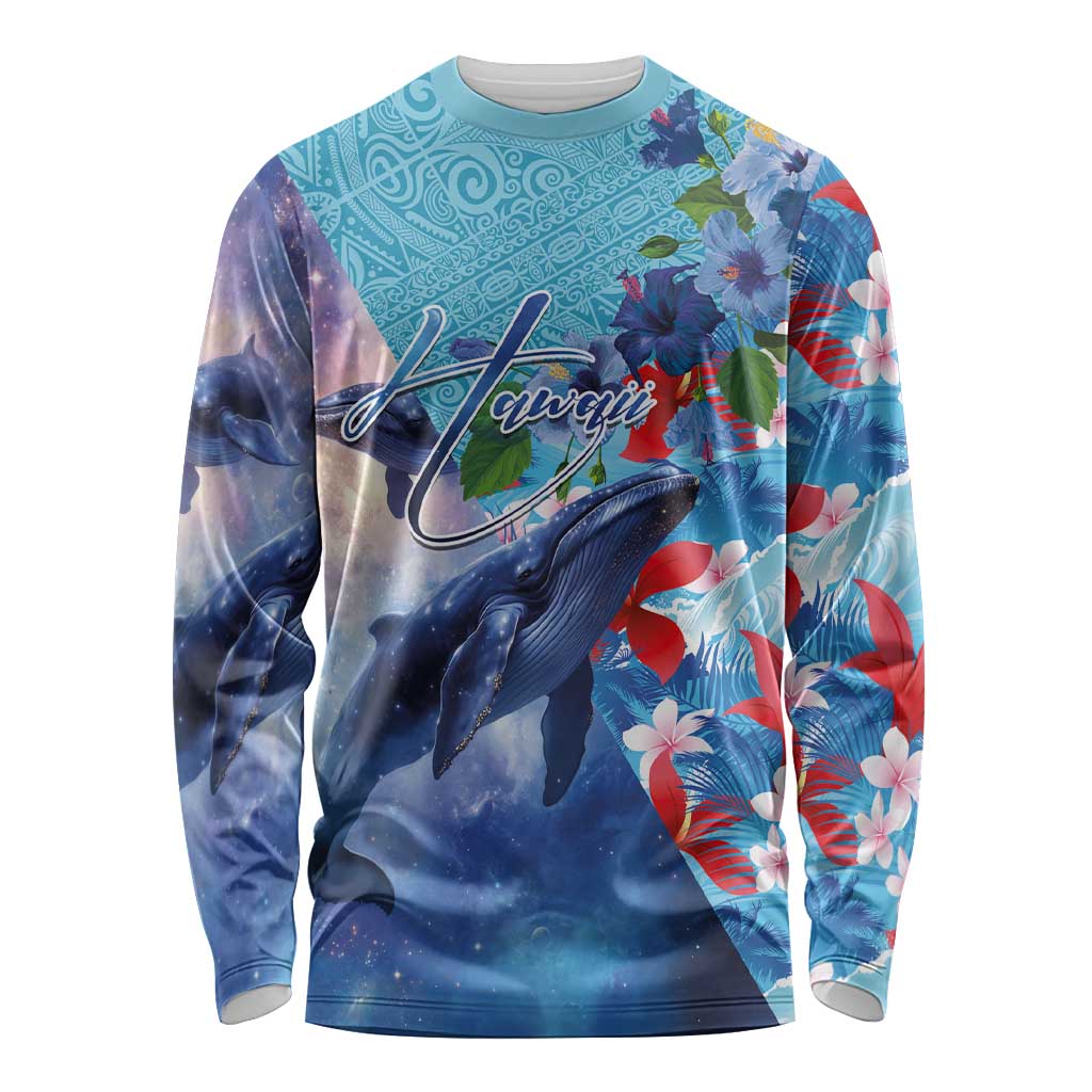 Hawaii Aloha Whales Long Sleeve Shirt Hibiscus and Whales with Polynesian Pattern - Polynesian Pride