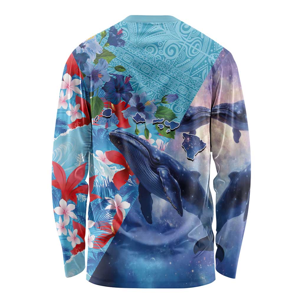 Hawaii Aloha Whales Long Sleeve Shirt Hibiscus and Whales with Polynesian Pattern - Polynesian Pride