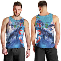 Hawaii Aloha Whales Men Tank Top Hibiscus and Whales with Polynesian Pattern - Polynesian Pride