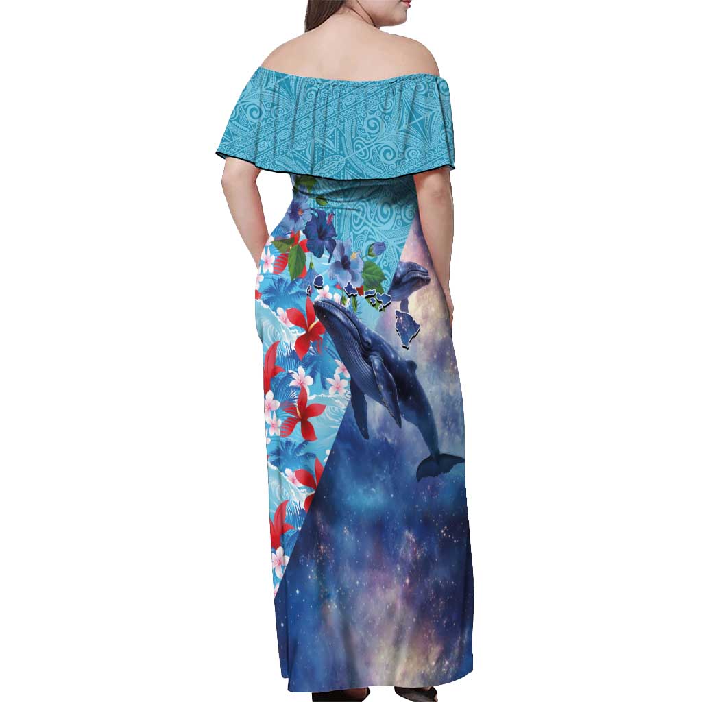 Hawaii Aloha Whales Off Shoulder Maxi Dress Hibiscus and Whales with Polynesian Pattern - Polynesian Pride