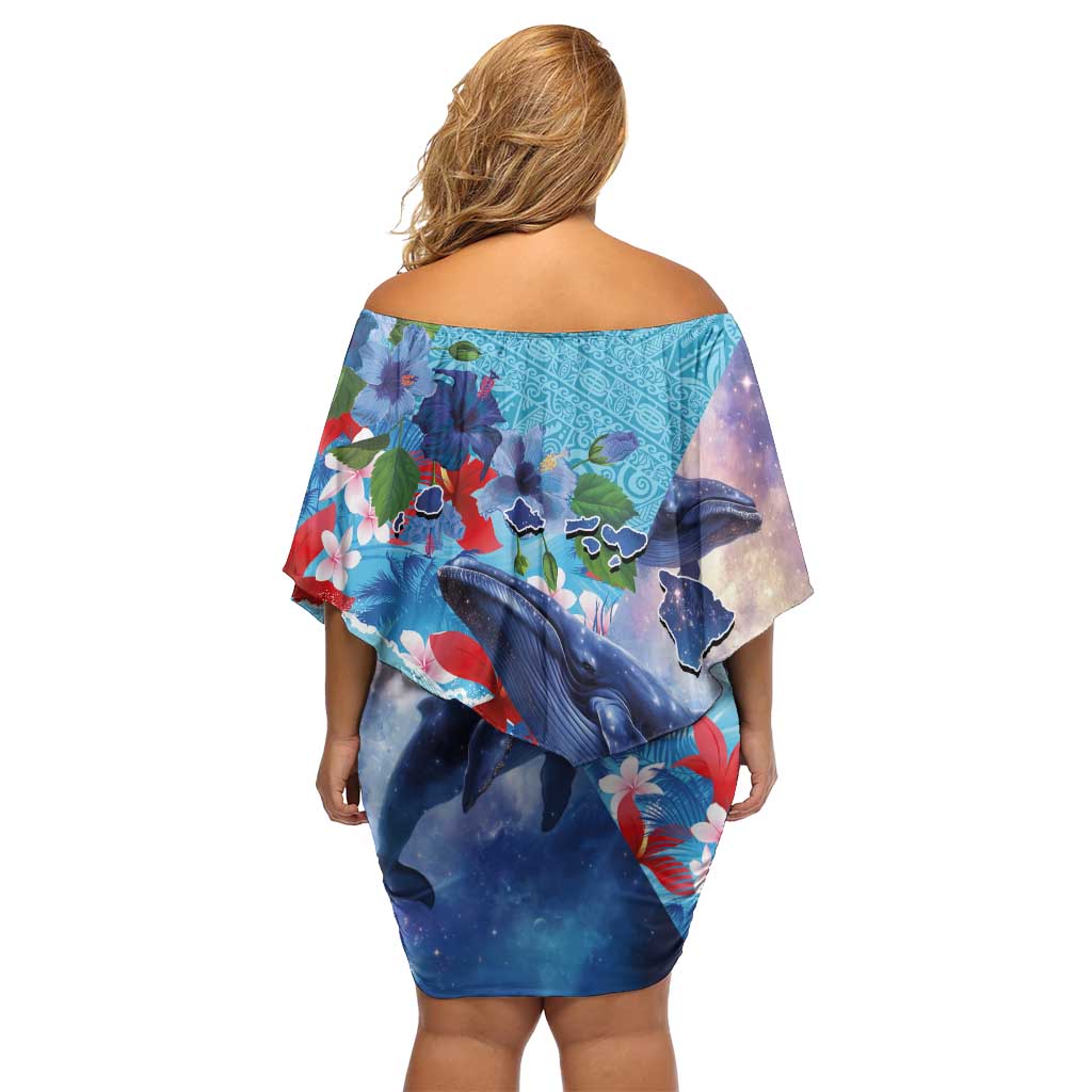 Hawaii Aloha Whales Off Shoulder Short Dress Hibiscus and Whales with Polynesian Pattern - Polynesian Pride
