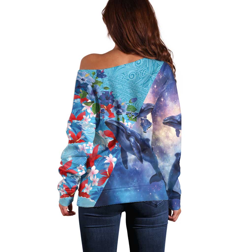 Hawaii Aloha Whales Off Shoulder Sweater Hibiscus and Whales with Polynesian Pattern - Polynesian Pride