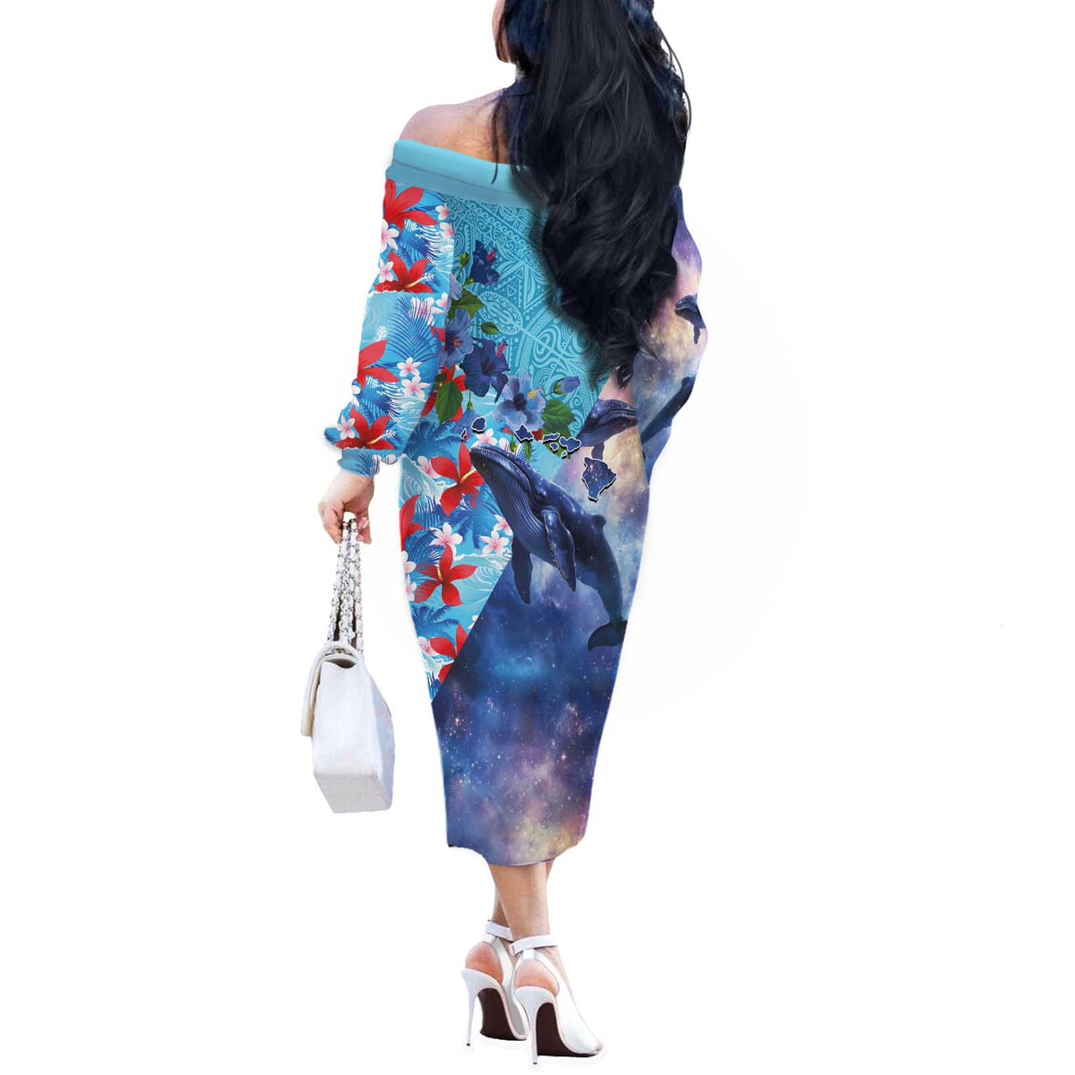 Hawaii Aloha Whales Off The Shoulder Long Sleeve Dress Hibiscus and Whales with Polynesian Pattern - Polynesian Pride