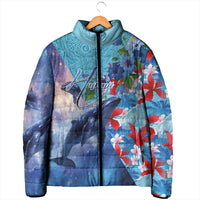 Hawaii Aloha Whales Padded Jacket Hibiscus and Whales with Polynesian Pattern - Polynesian Pride