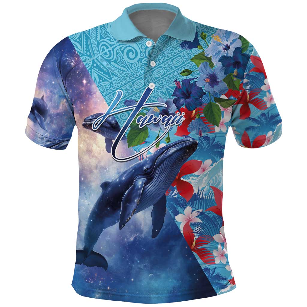 Hawaii Aloha Whales Polo Shirt Hibiscus and Whales with Polynesian Pattern - Polynesian Pride