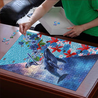 Hawaii Aloha Whales Puzzle Hibiscus and Whales with Polynesian Pattern - Polynesian Pride