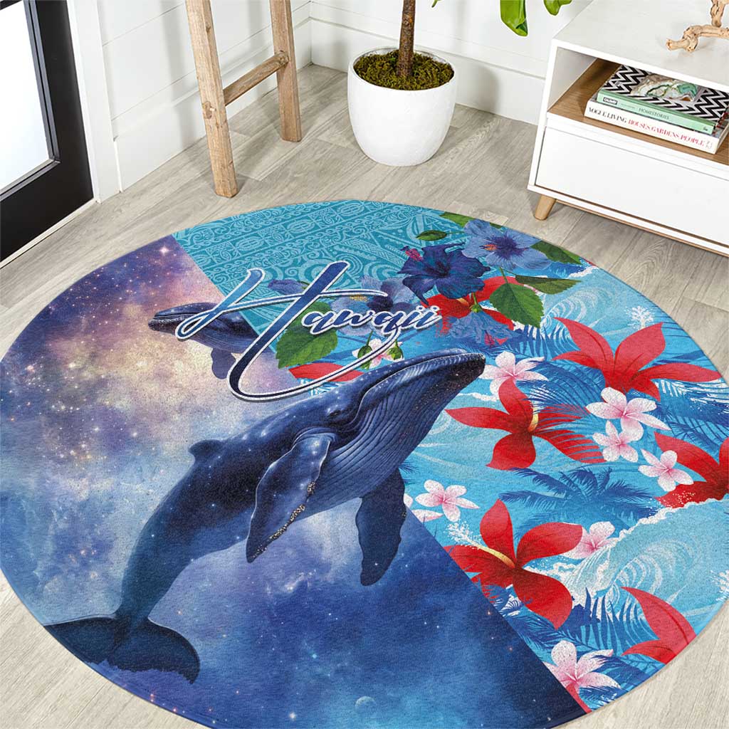 Hawaii Aloha Whales Round Carpet Hibiscus and Whales with Polynesian Pattern - Polynesian Pride