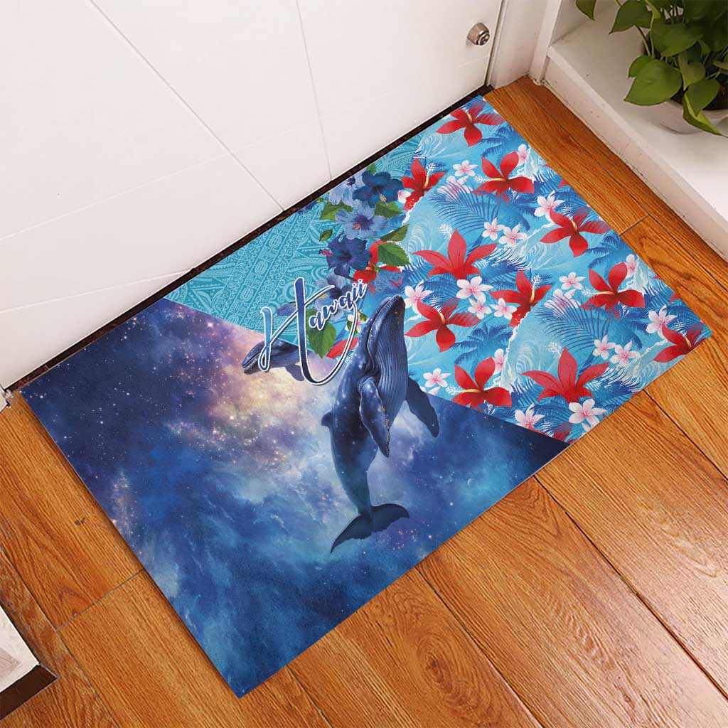 Hawaii Aloha Whales Rubber Doormat Hibiscus and Whales with Polynesian Pattern - Polynesian Pride