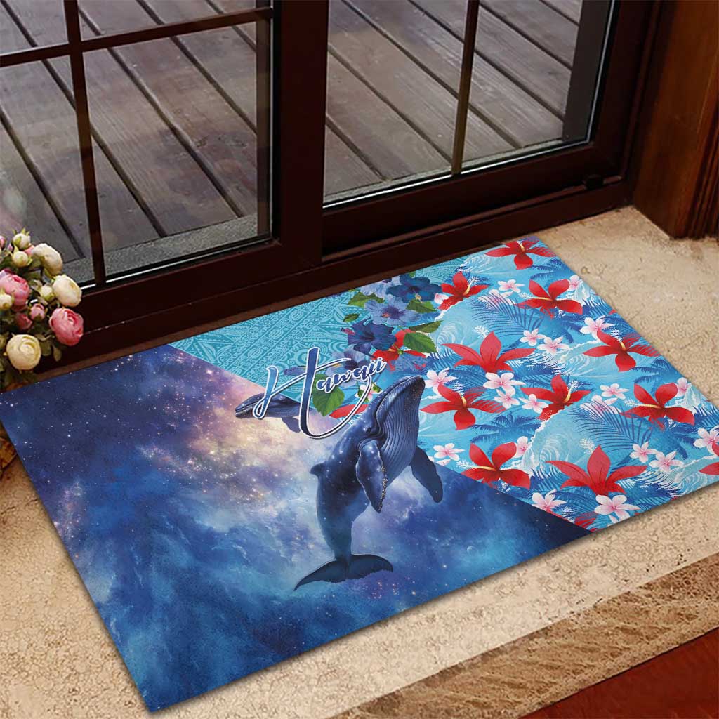 Hawaii Aloha Whales Rubber Doormat Hibiscus and Whales with Polynesian Pattern - Polynesian Pride