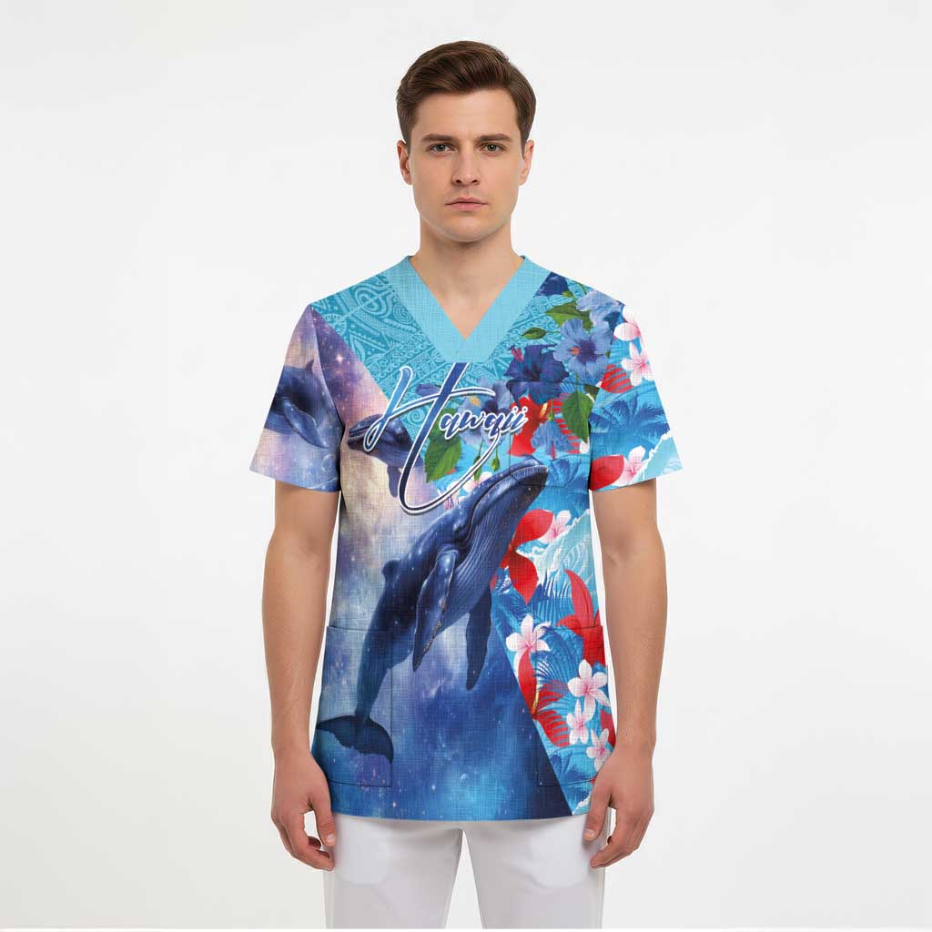 Hawaii Aloha Whales Scrub Top Hibiscus and Whales with Polynesian Pattern - Polynesian Pride