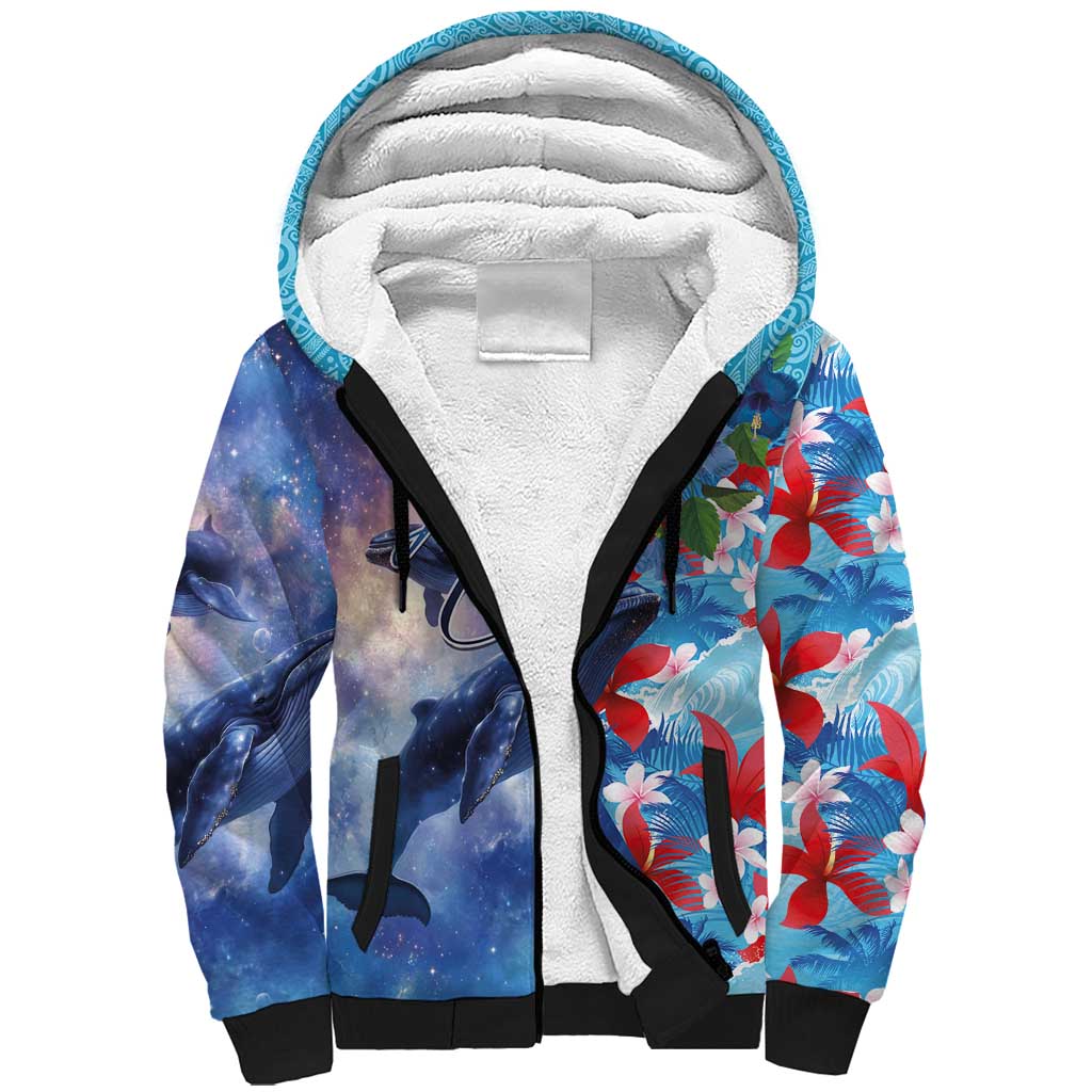 Hawaii Aloha Whales Sherpa Hoodie Hibiscus and Whales with Polynesian Pattern - Polynesian Pride
