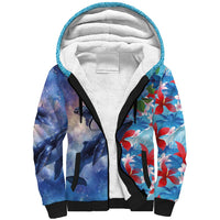 Hawaii Aloha Whales Sherpa Hoodie Hibiscus and Whales with Polynesian Pattern - Polynesian Pride
