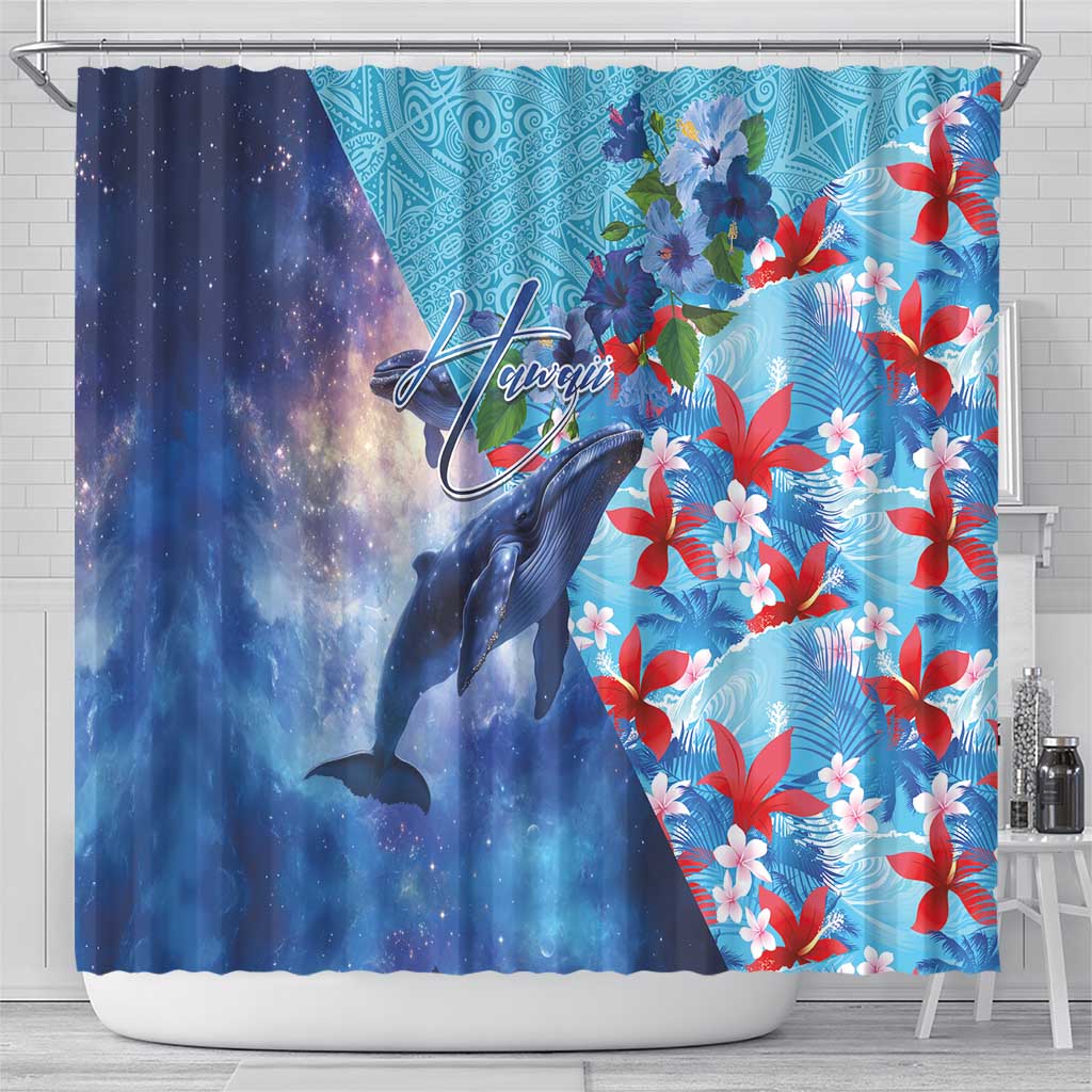 Hawaii Aloha Whales Shower Curtain Hibiscus and Whales with Polynesian Pattern - Polynesian Pride