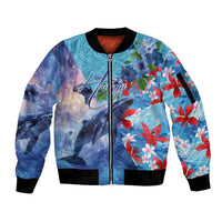 Hawaii Aloha Whales Sleeve Zip Bomber Jacket Hibiscus and Whales with Polynesian Pattern - Polynesian Pride