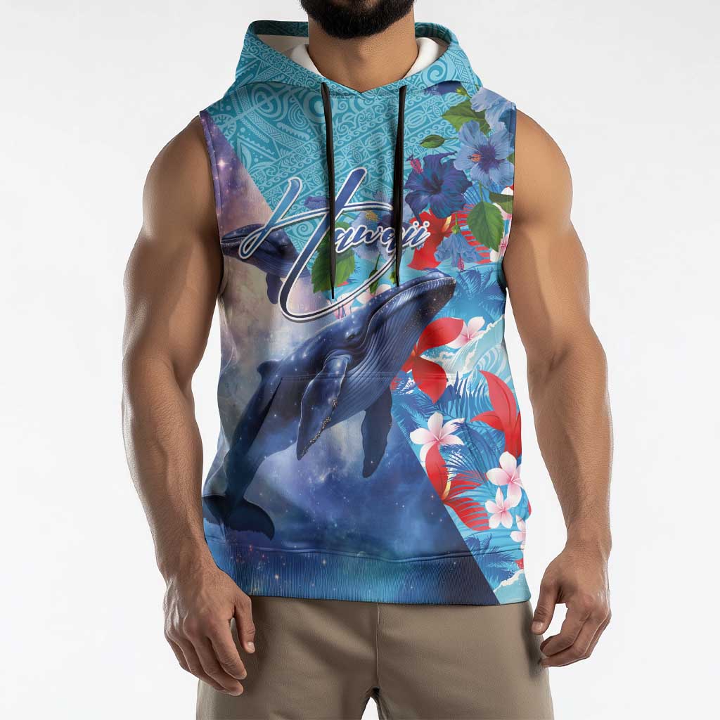 Hawaii Aloha Whales Sleeveless Hoodie Hibiscus and Whales with Polynesian Pattern - Polynesian Pride