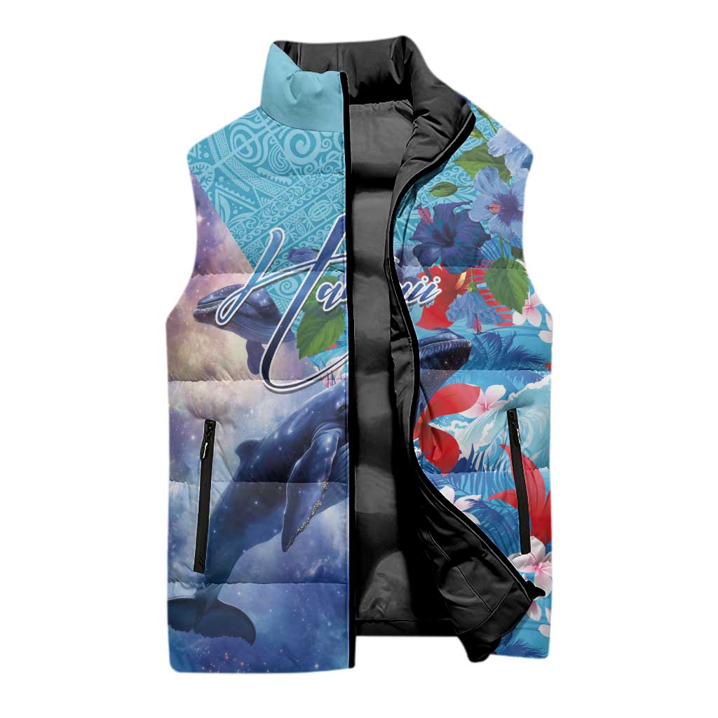 Hawaii Aloha Whales Sleeveless Puffer Jacket Hibiscus and Whales with Polynesian Pattern - Polynesian Pride