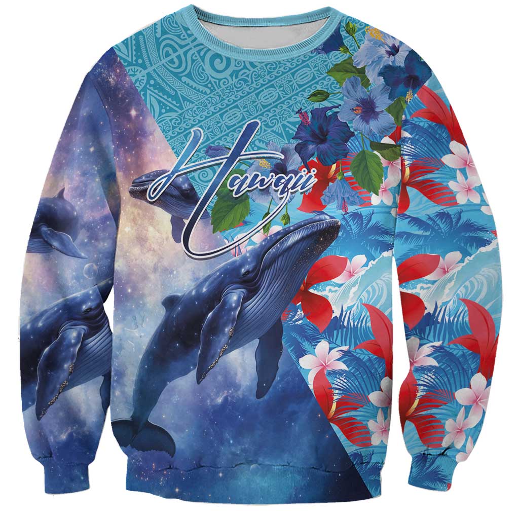 Hawaii Aloha Whales Sweatshirt Hibiscus and Whales with Polynesian Pattern - Polynesian Pride