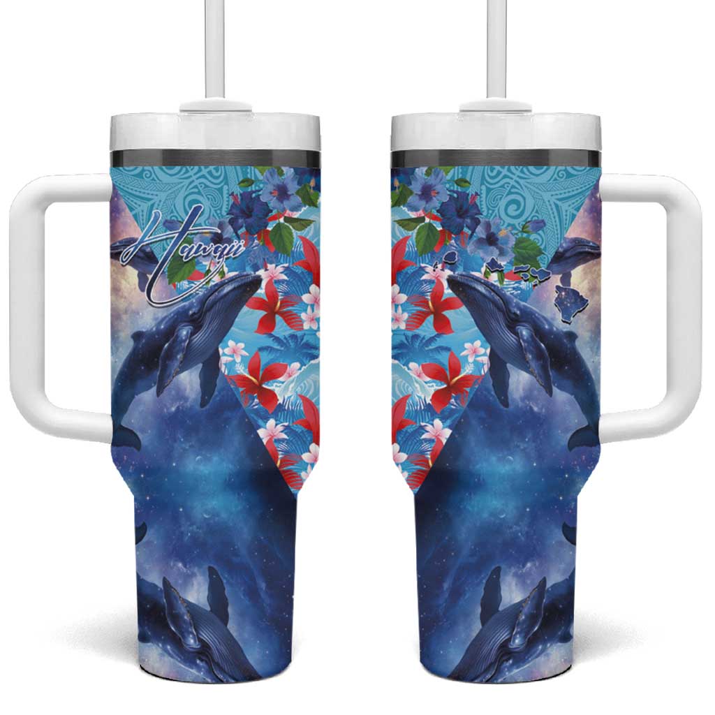 Hawaii Aloha Whales Tumbler With Handle Hibiscus and Whales with Polynesian Pattern - Polynesian Pride