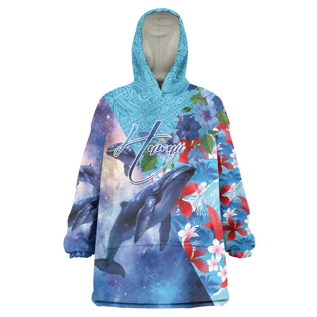 Hawaii Aloha Whales Wearable Blanket Hoodie Hibiscus and Whales with Polynesian Pattern - Polynesian Pride