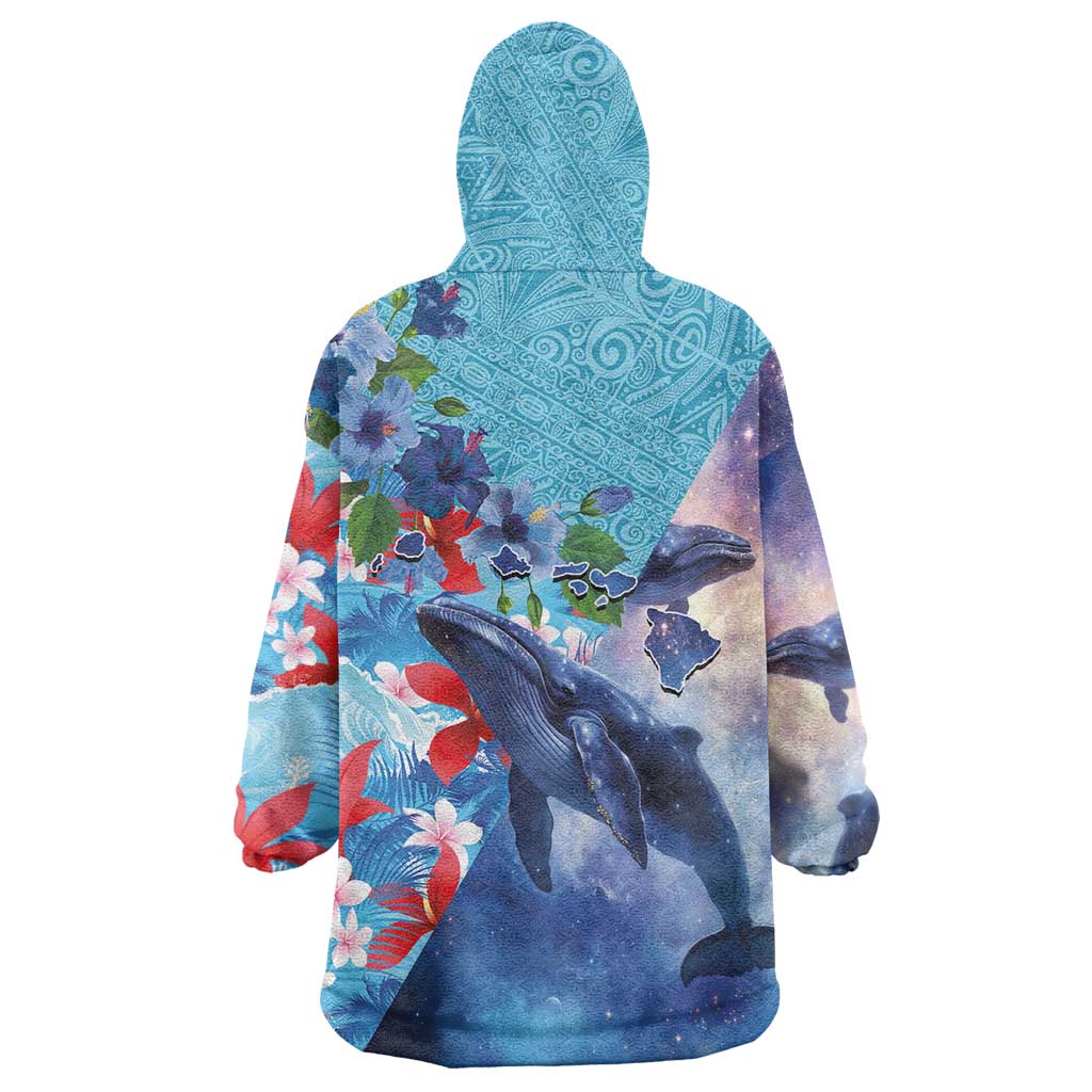Hawaii Aloha Whales Wearable Blanket Hoodie Hibiscus and Whales with Polynesian Pattern - Polynesian Pride