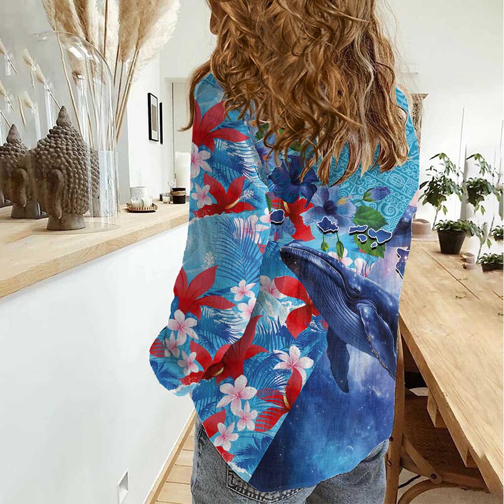 Hawaii Aloha Whales Women Casual Shirt Hibiscus and Whales with Polynesian Pattern - Polynesian Pride