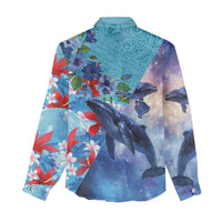 Hawaii Aloha Whales Women Casual Shirt Hibiscus and Whales with Polynesian Pattern - Polynesian Pride