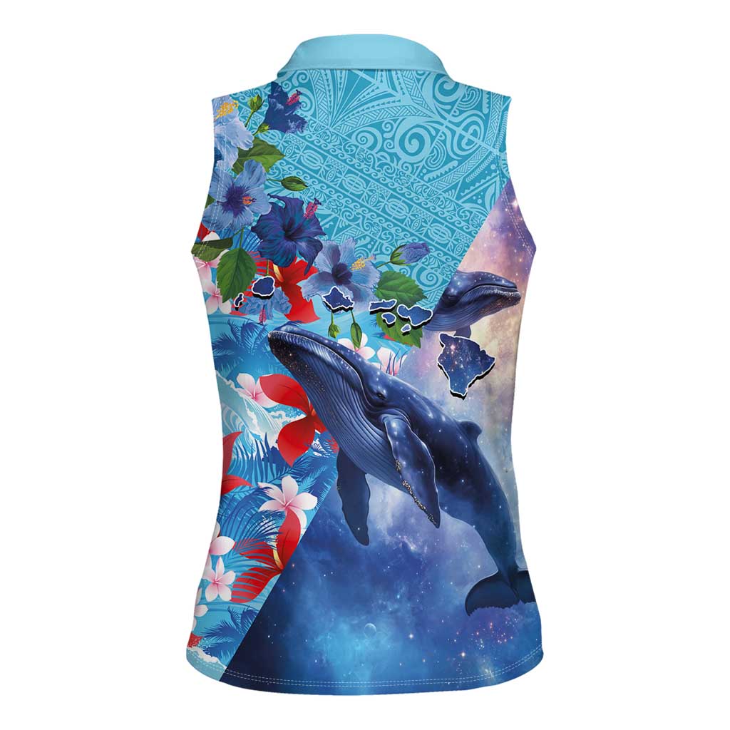 Hawaii Aloha Whales Women Sleeveless Polo Shirt Hibiscus and Whales with Polynesian Pattern - Polynesian Pride