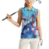 Hawaii Aloha Whales Women Sleeveless Polo Shirt Hibiscus and Whales with Polynesian Pattern - Polynesian Pride