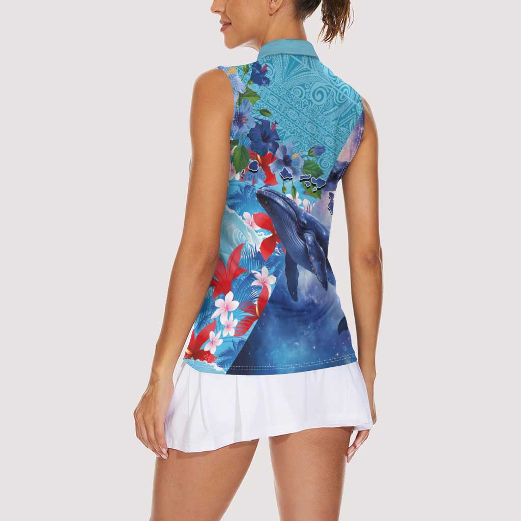 Hawaii Aloha Whales Women Sleeveless Polo Shirt Hibiscus and Whales with Polynesian Pattern - Polynesian Pride
