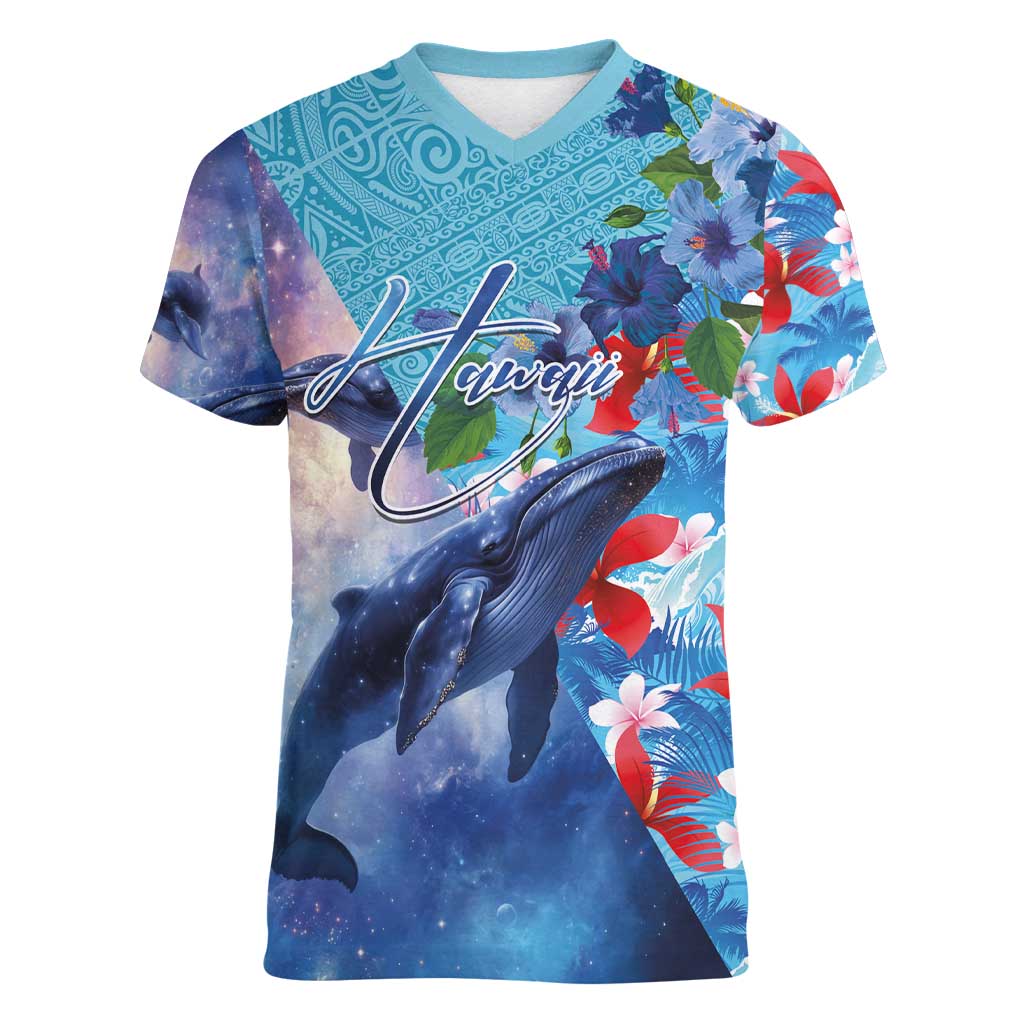 Hawaii Aloha Whales Women V-Neck T-Shirt Hibiscus and Whales with Polynesian Pattern - Polynesian Pride