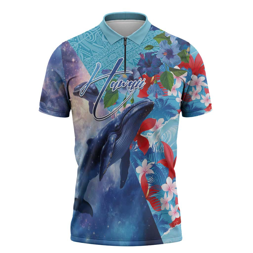 Hawaii Aloha Whales Zipper Polo Shirt Hibiscus and Whales with Polynesian Pattern - Polynesian Pride