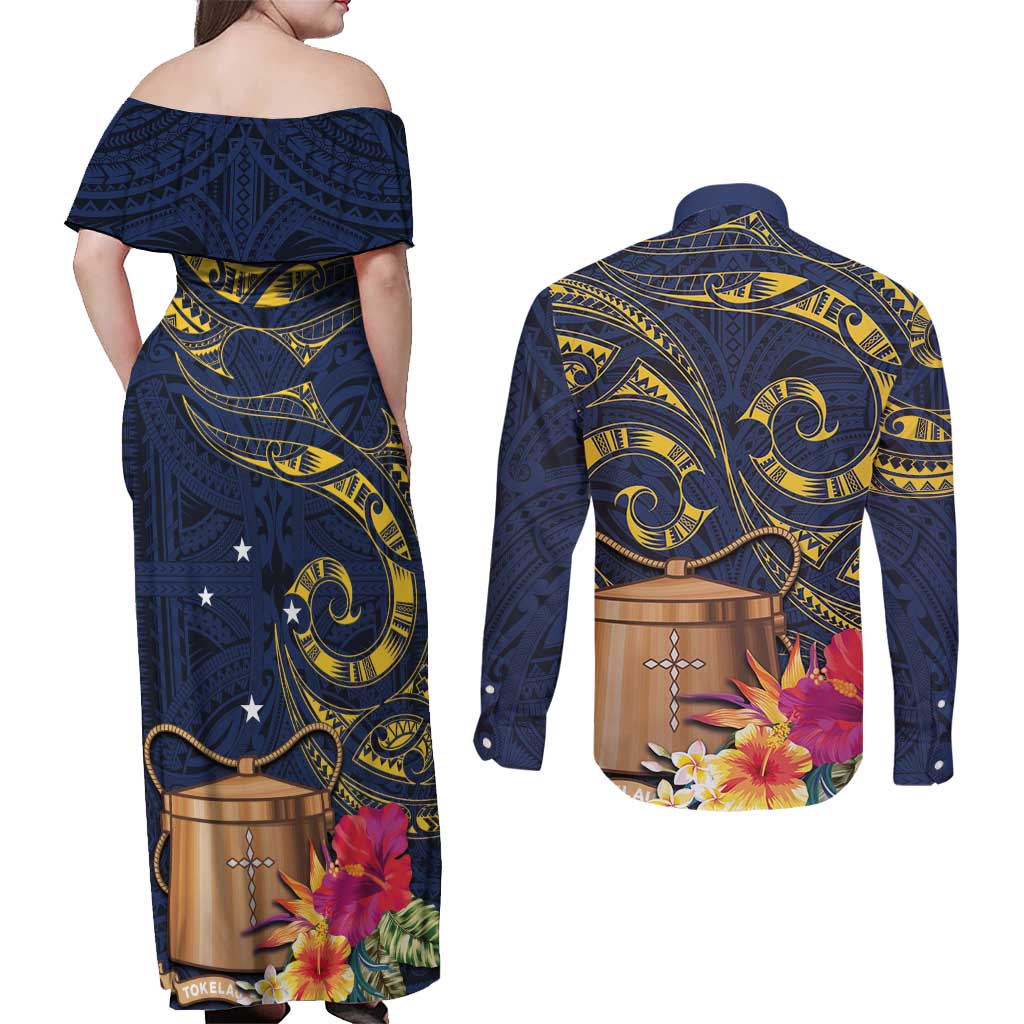 Tokelau Tokehega Day Couples Matching Off Shoulder Maxi Dress and Long Sleeve Button Shirt Coat of Arms with Polynesian Tattoo and Hibiscus