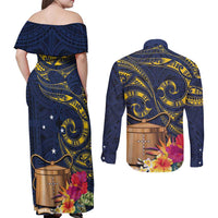 Tokelau Tokehega Day Couples Matching Off Shoulder Maxi Dress and Long Sleeve Button Shirt Coat of Arms with Polynesian Tattoo and Hibiscus